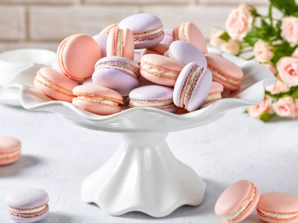pink and lavender macarons on a white plate